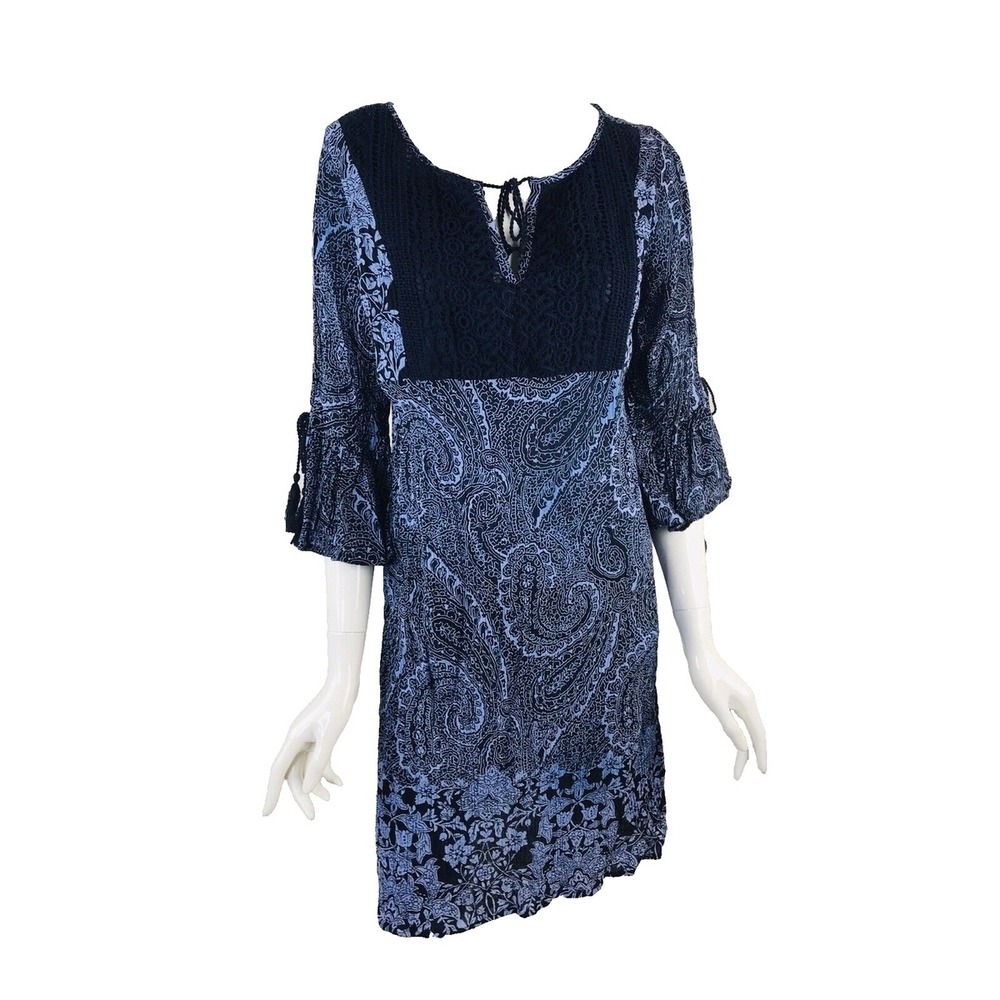 Soft Surroundings Paisley sheer Dress Crochet Detail‎ Bell Sleeve Boho Medium